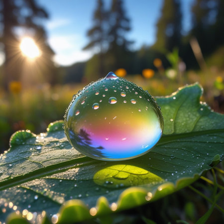 Water drop on green grass with sun flare in the background. Nature backgroundの素材