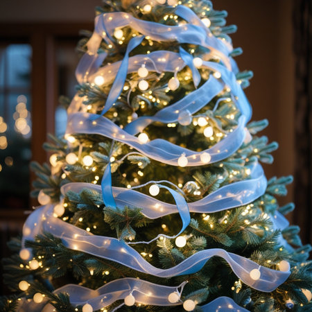 Christmas tree decorated with blue ribbons and garlands, close-upの素材