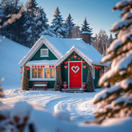 Beautiful wooden house in the winter forest. Christmas holiday concept.の素材