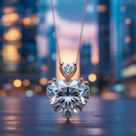 Jewelry pendant in the shape of a heart on the background of the night cityの素材