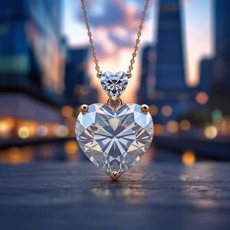 Jewelry pendant in the shape of a heart on the city backgroundの素材