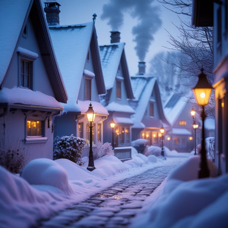 Snowy street in old town of Tallinn at night, Estoniaの素材