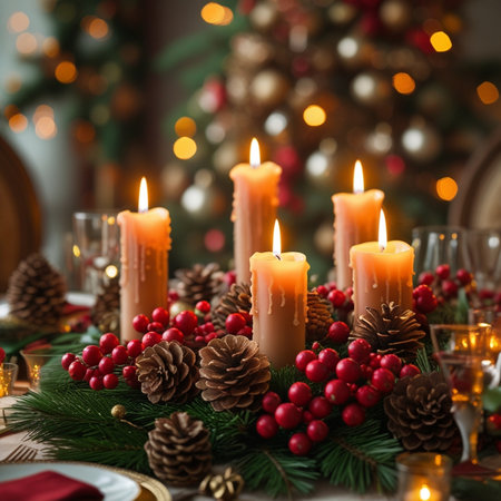 Beautiful Christmas table setting with burning candles and Christmas tree on backgroundの素材