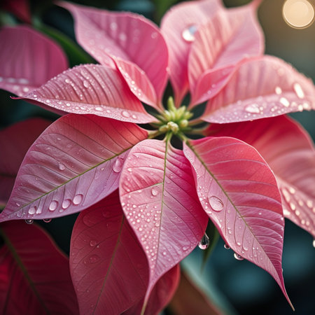 Beautiful poinsettia flower with water drops, stock photoの素材