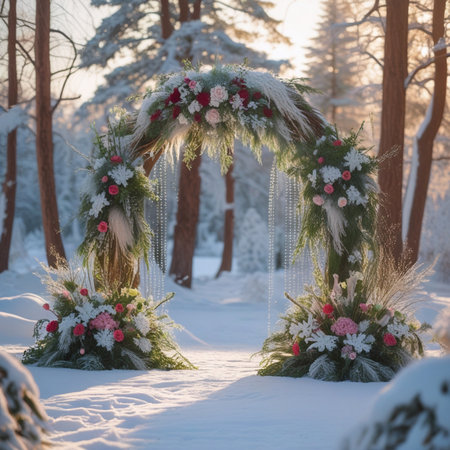 Wedding arch in winter forest. Wedding arch decorated with flowers and beads.の素材