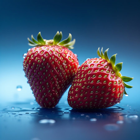 Strawberries on a blue background with water drops, close-upの素材