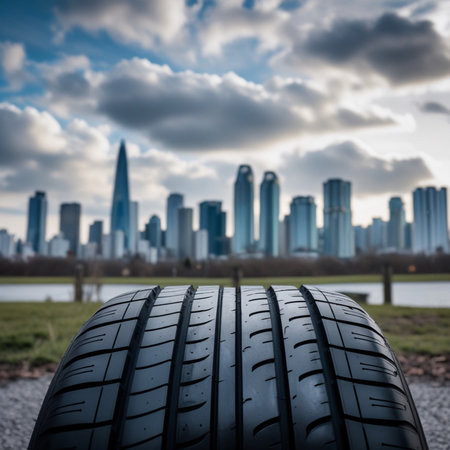Car tire on a background of skyscrapers in the city.の素材