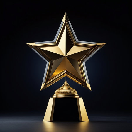 Golden star award isolated on black background. 3d render illustration.の素材