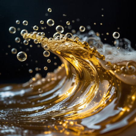 Splash of golden liquid on a black background close-up.の素材
