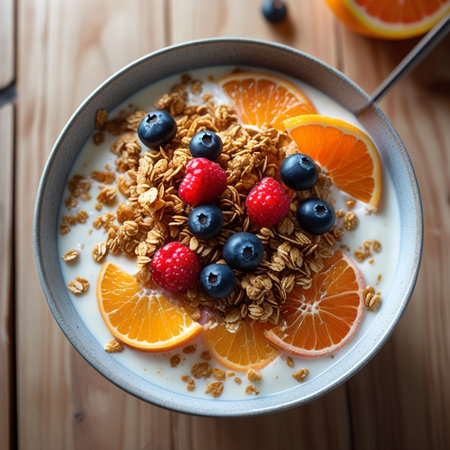 Healthy breakfast with granola, yogurt and berries on wooden backgroundの素材