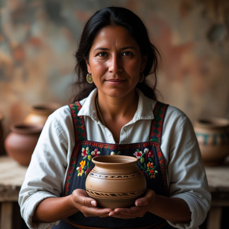 Potter woman in traditional costume holding a clay pot in her handsの素材