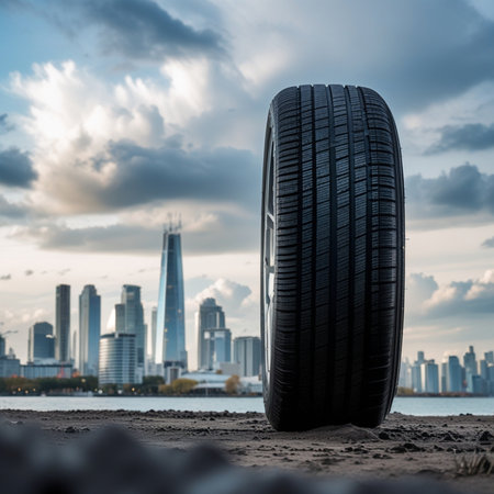 Car tire on the sand with modern skyscrapers in the backgroundの素材