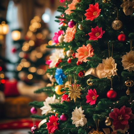 Christmas tree decorated with red and gold ornaments and flowers.の素材