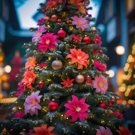 Christmas tree with red and pink ornaments on the street.の素材