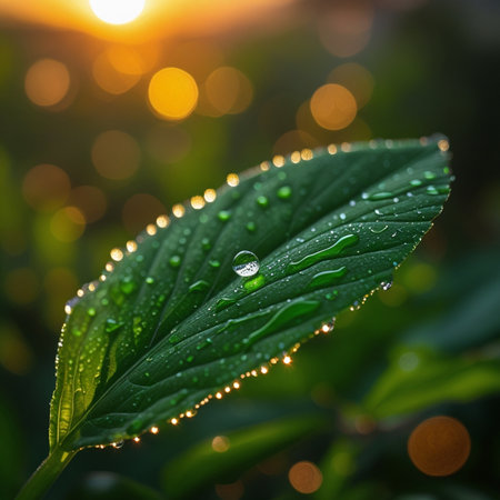 Water drops on green leaf with sun light bokeh background.の素材