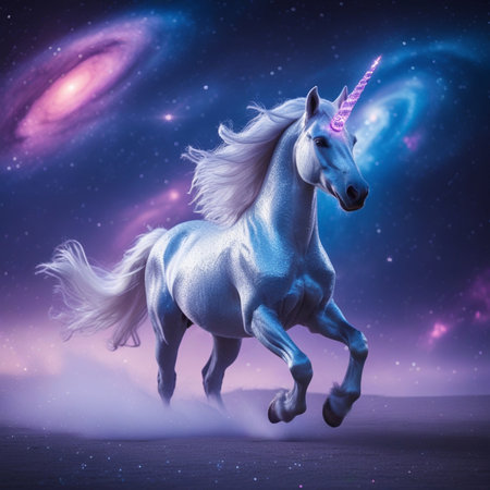 Unicorn in the starry sky. Fantasy image. 3d renderingの素材
