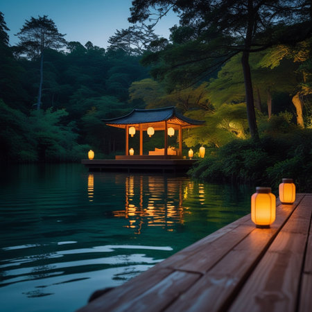 Pavilion on the lake at night in Kyoto, Japan.の素材