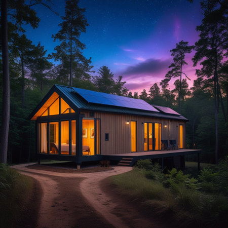 House in the forest at night with a starry sky. 3d renderingの素材