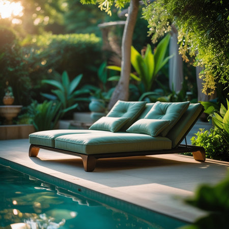 Beautiful luxury pillow on sofa decoration around outdoor swimming pool in hotel resortの素材