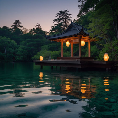 Pavilion on the lake in the park at sunset, Japanの素材