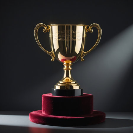Golden trophy cup on dark background. Award concept. 3D Renderingの素材