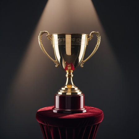Golden trophy cup on red velvet pedestal with spotlight on dark backgroundの素材