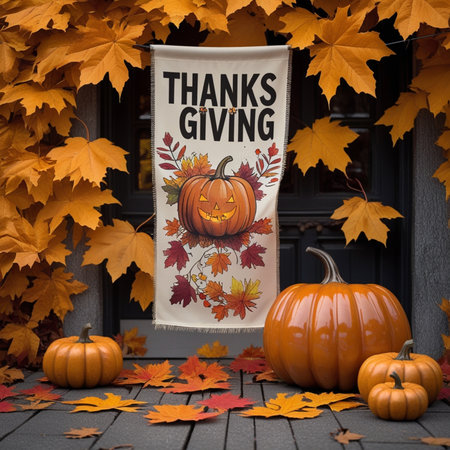 Thanksgiving greeting card with pumpkins and autumn leaves on the backgroundの素材