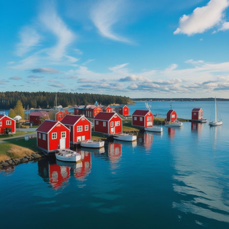 Aerial view of small red fishing village in Sweden. Boats moored in harbor.の素材