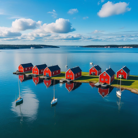 Aerial view of small fishing village in Sweden. Beautiful summer landscape.の素材
