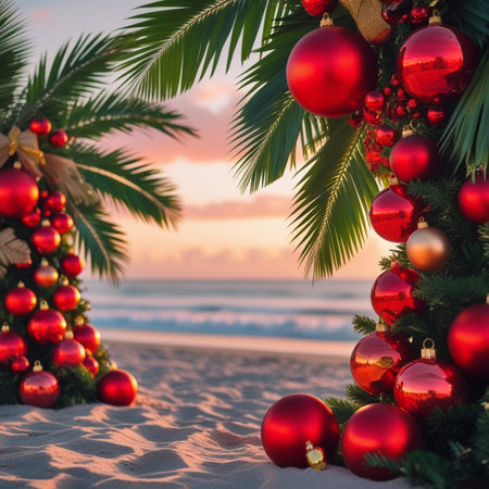 Decorated Christmas tree on the beach at sunset. Holiday conceptの素材