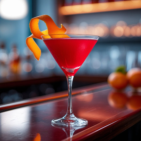 Red cocktail in martini glass with orange peel on bar counter.の素材