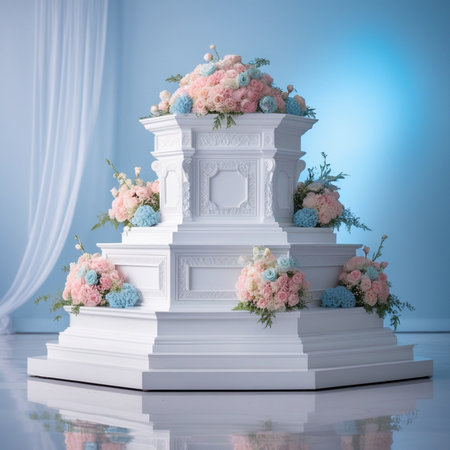 White wedding cake decorated with pink and blue flowers on a blue backgroundの素材