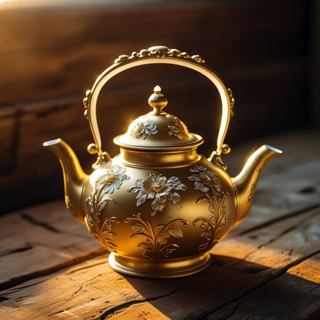 Gold teapot on wooden background. Vintage style toned pictureの素材