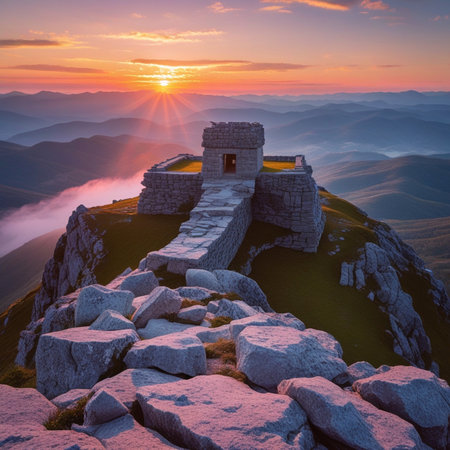 Castle in the mountains at sunrise. Dramatic landscape. Carpathian, Ukraine, Europe. Beauty world.の素材