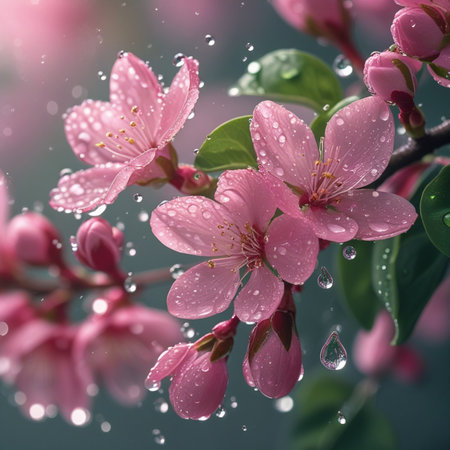 Blossoming branch of cherry with pink flowers and rain drops.の素材