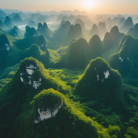 Beautiful landscape with mountains and fog in the morning, China.の素材
