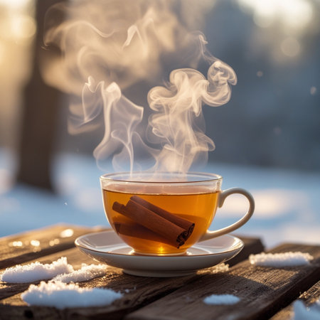 Cup of hot tea with cinnamon on a wooden table in the snowの素材