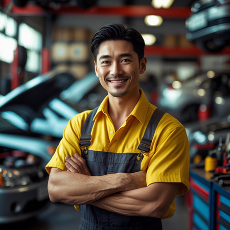 portrait of smiling Asian mechanic standing with crossed arms in auto repair shopの素材