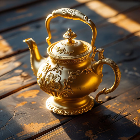 Vintage golden teapot on old wooden table, closeupの素材