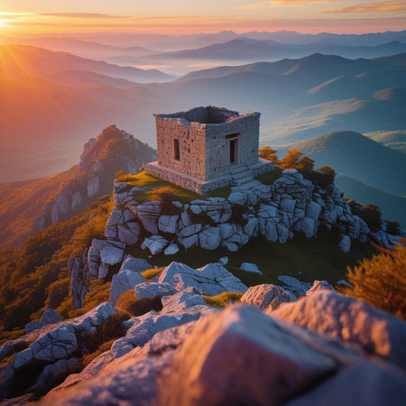 Ruins of ancient temple in the mountains at sunrise. Carpathians, Ukraineの素材