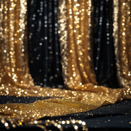Golden shiny fabric on black background. Festive decoration. Christmas, New Year concept.の素材
