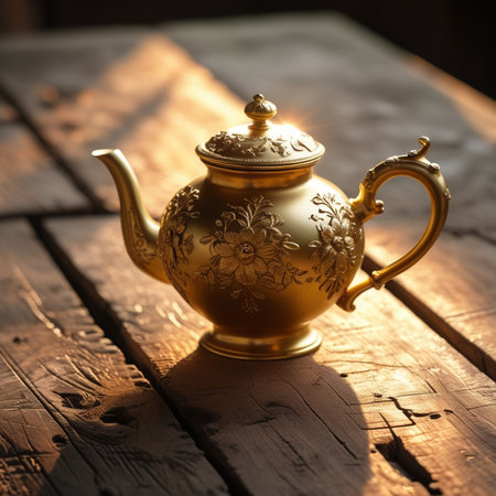 Vintage brass teapot on a wooden background. Selective focus.の素材