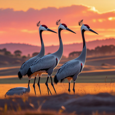 Red-crowned cranes in the field at sunset.の素材