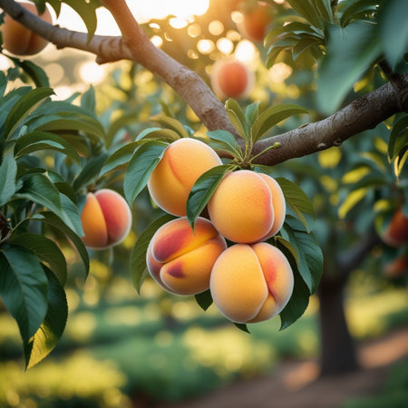 Ripe sweet peaches on the tree in the orchard.の素材