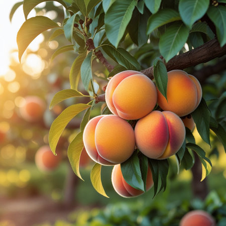 Ripe apricots on a branch in the orchard.の素材