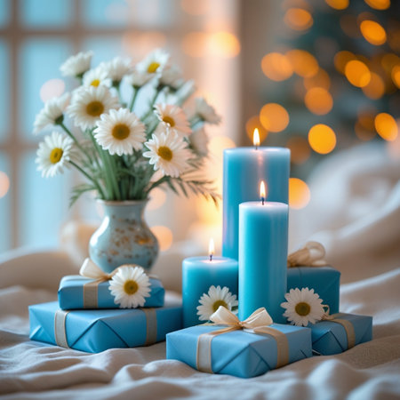 Blue candles with bouquet of daisies and gifts on the bedの素材