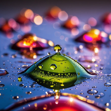Water drops on a colorful background. Macro photography with shallow depth of field.の素材