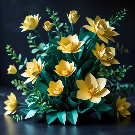 Bouquet of yellow tulips with green leaves on a black backgroundの素材