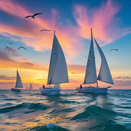 Sailing boats on the sea at sunset. Beautiful seascape.の素材