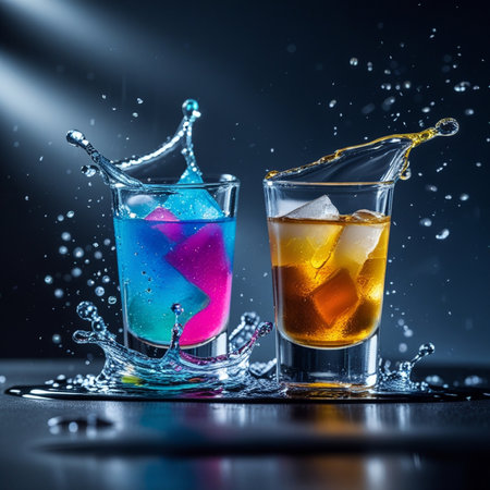 Colorful cocktails with ice cubes and splash on dark blue background.の素材